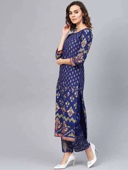 Women's Blue & Golden Printed Kurta With Trousers