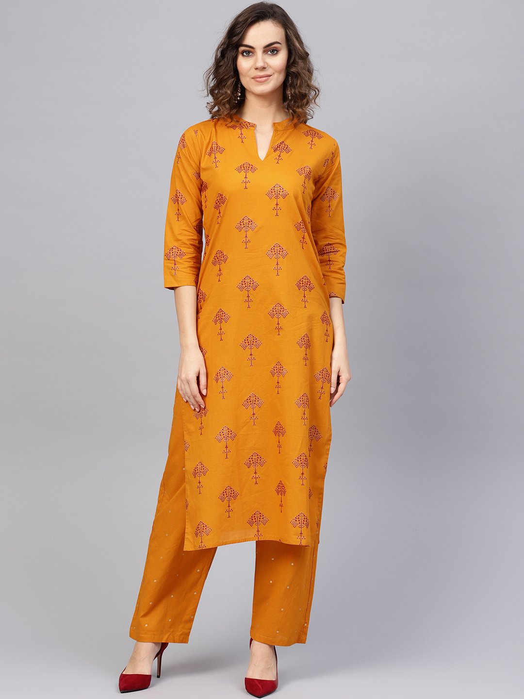 Women's Mustard Yellow & Red Printed Kurta With Trousers
