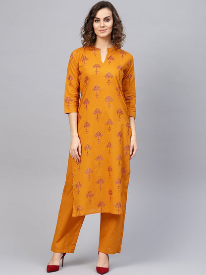 Women's Mustard Yellow & Red Printed Kurta With Trousers