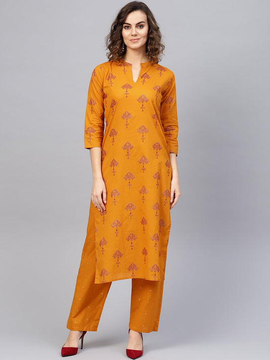 Women's Mustard Yellow & Red Printed Kurta With Trousers
