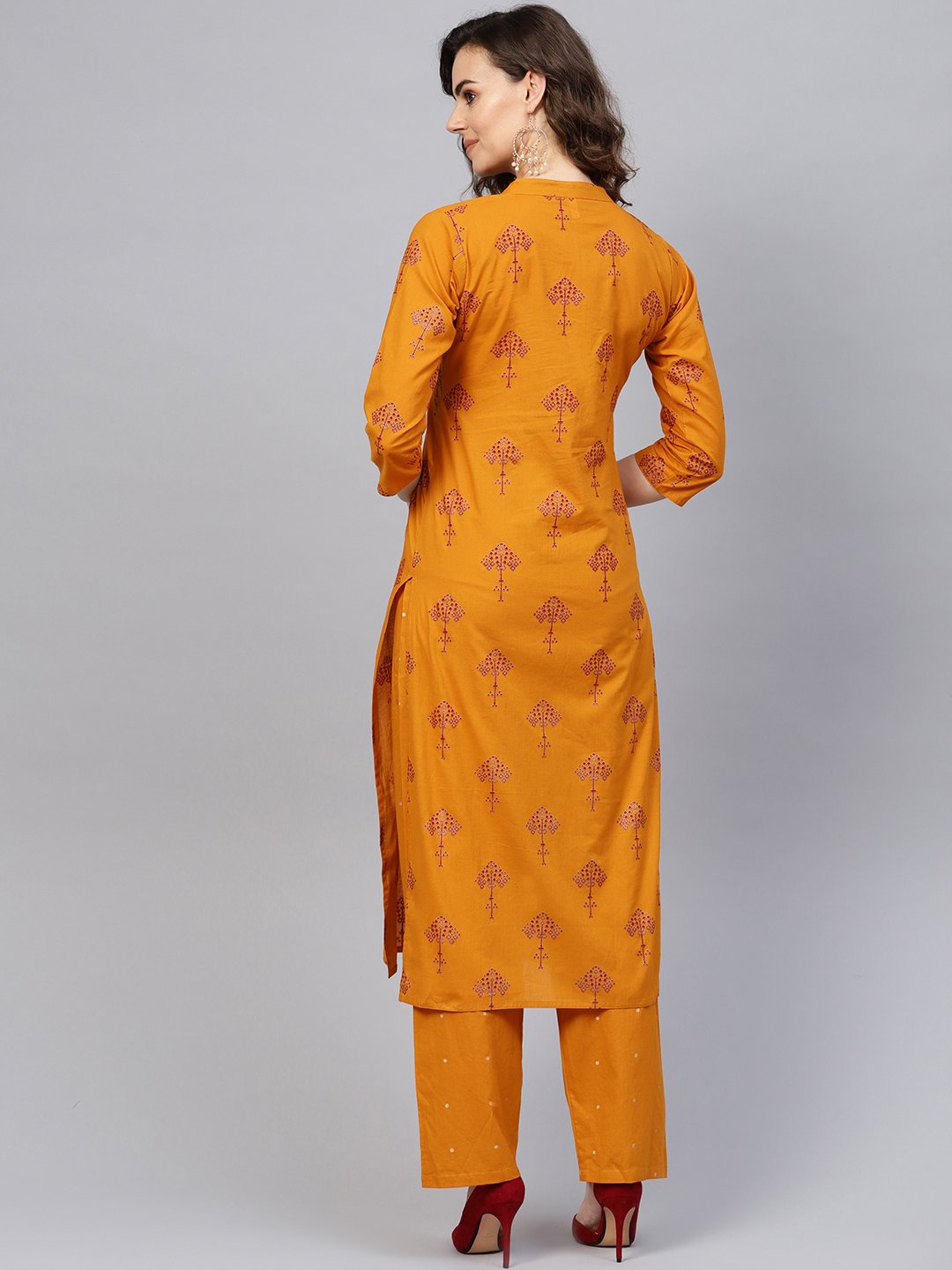 Women's Mustard Yellow & Red Printed Kurta With Trousers