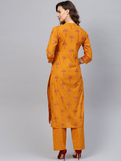 Women's Mustard Yellow & Red Printed Kurta With Trousers
