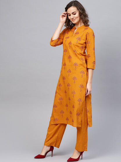 Women's Mustard Yellow & Red Printed Kurta With Trousers