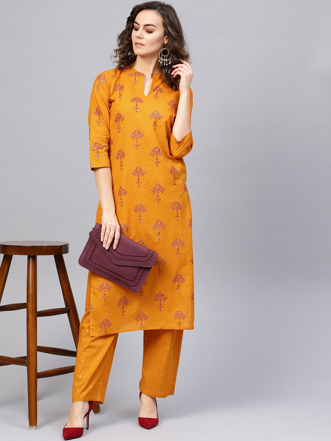 Women's Mustard Yellow & Red Printed Kurta With Trousers