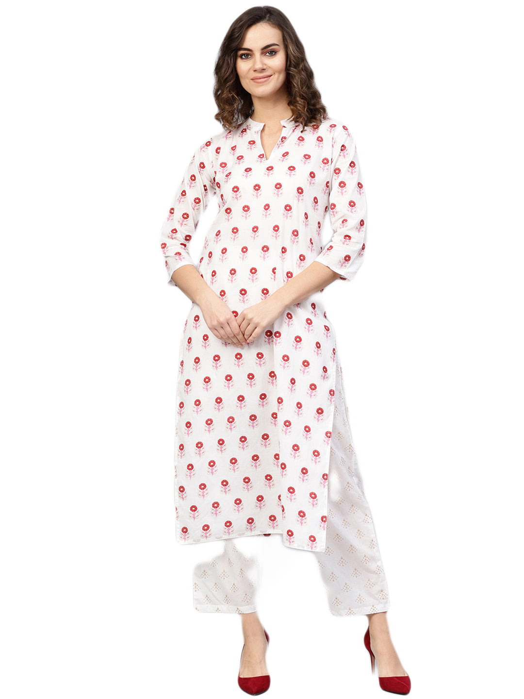 Women's White & Red Printed Kurta With Trousers