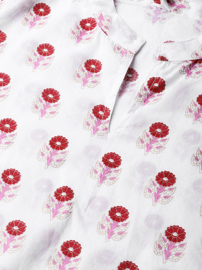 Women's White & Red Printed Kurta With Trousers