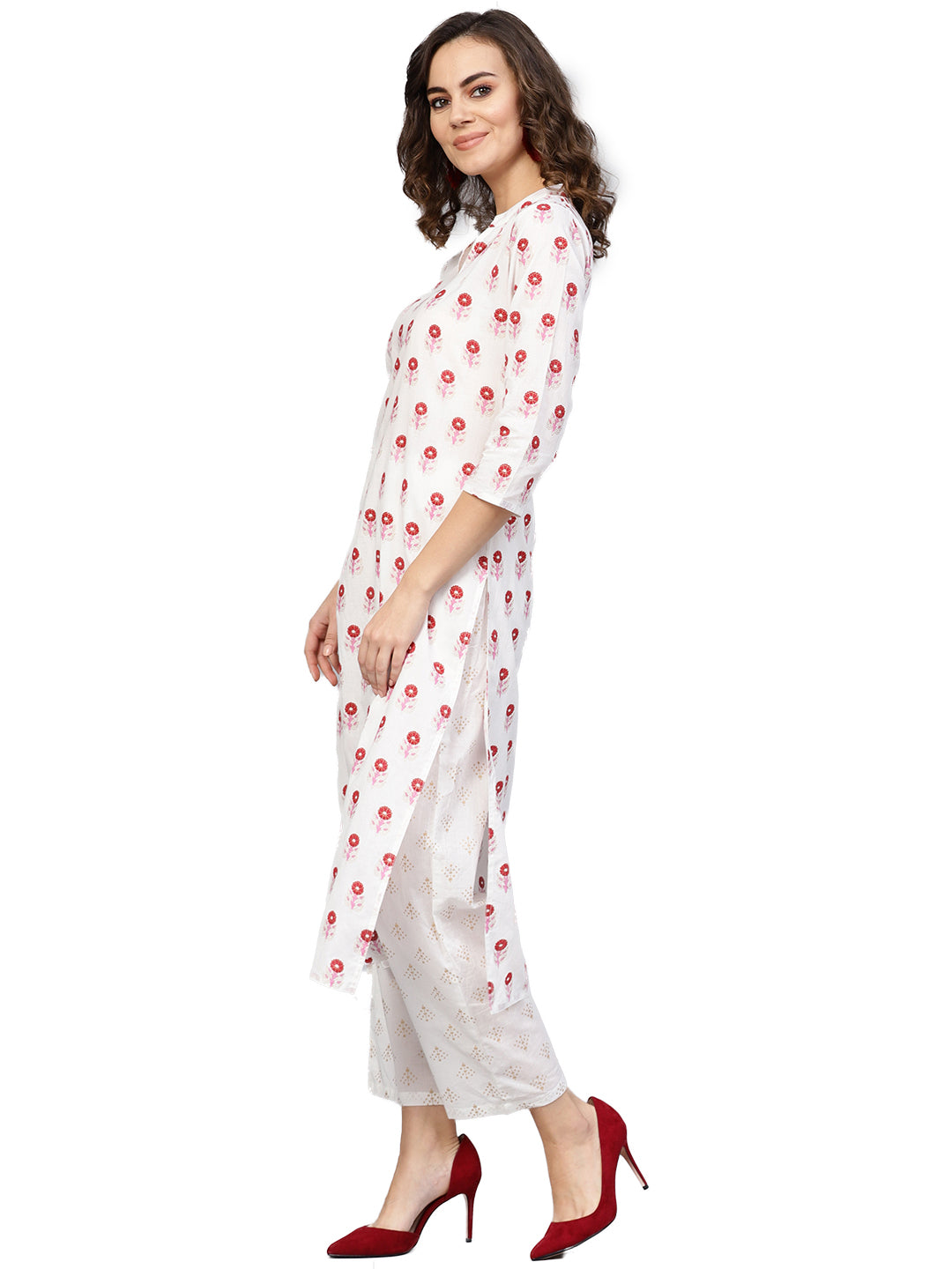 Women's White & Red Printed Kurta With Trousers
