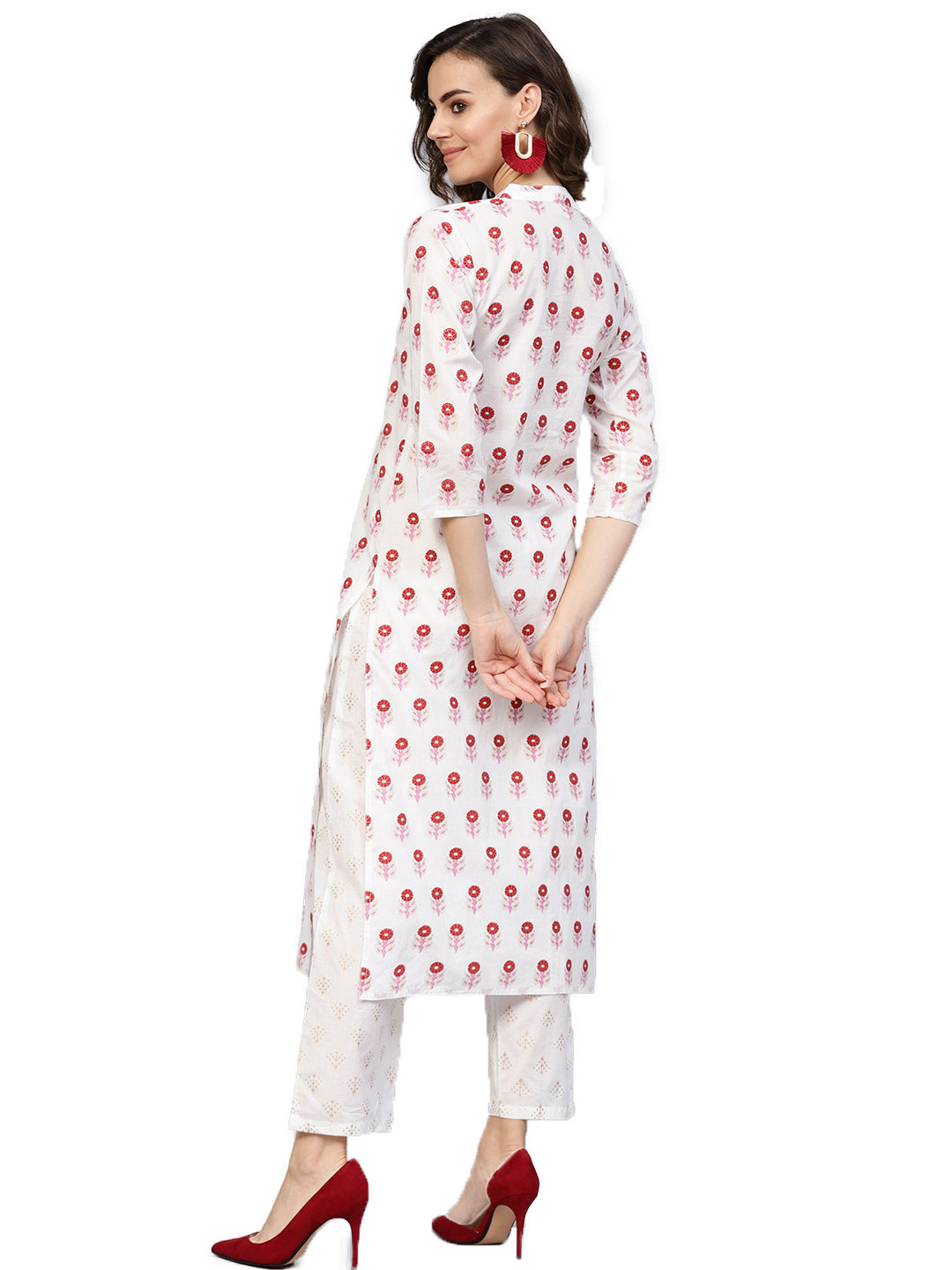 Women's White & Red Printed Kurta With Trousers