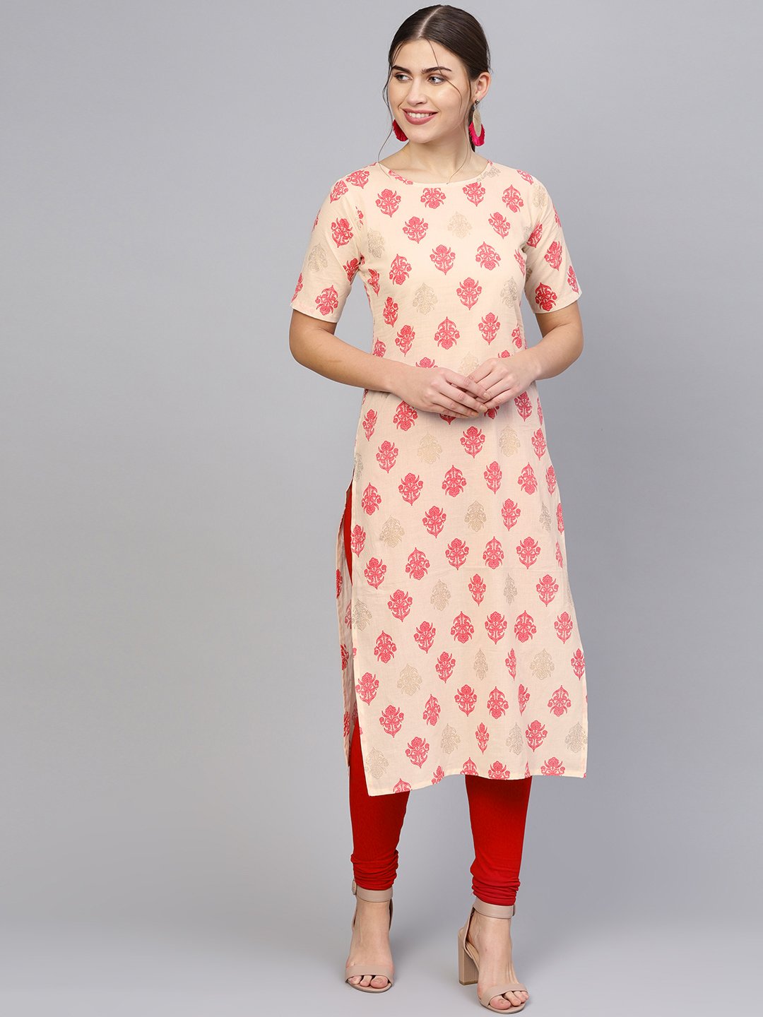 Women's Cream-Coloured & Pink Printed Straight Kurta