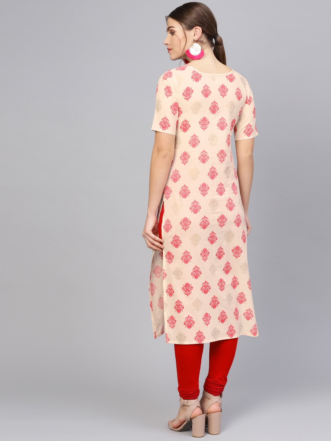 Women's Cream-Coloured & Pink Printed Straight Kurta