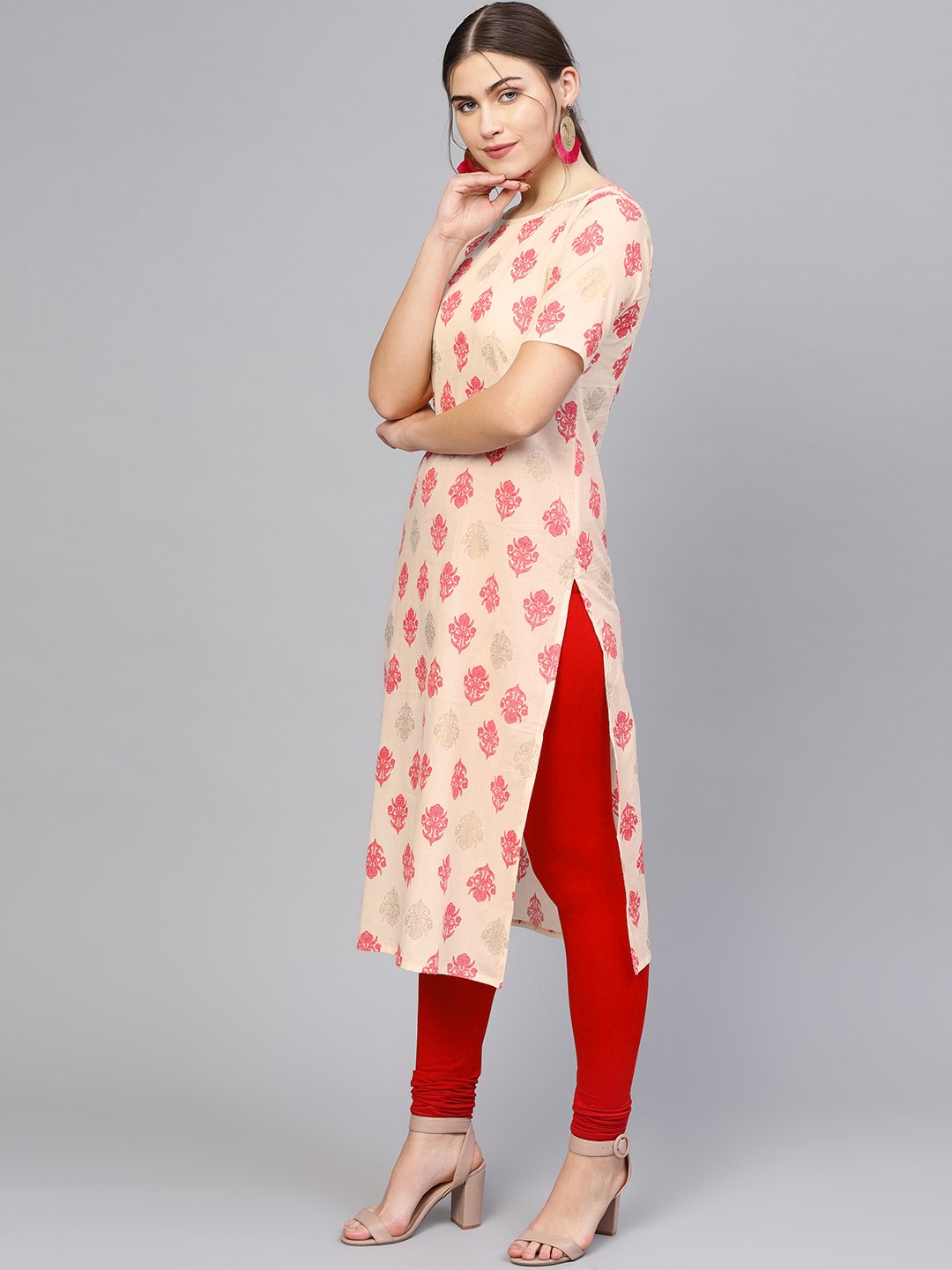 Women's Cream-Coloured & Pink Printed Straight Kurta