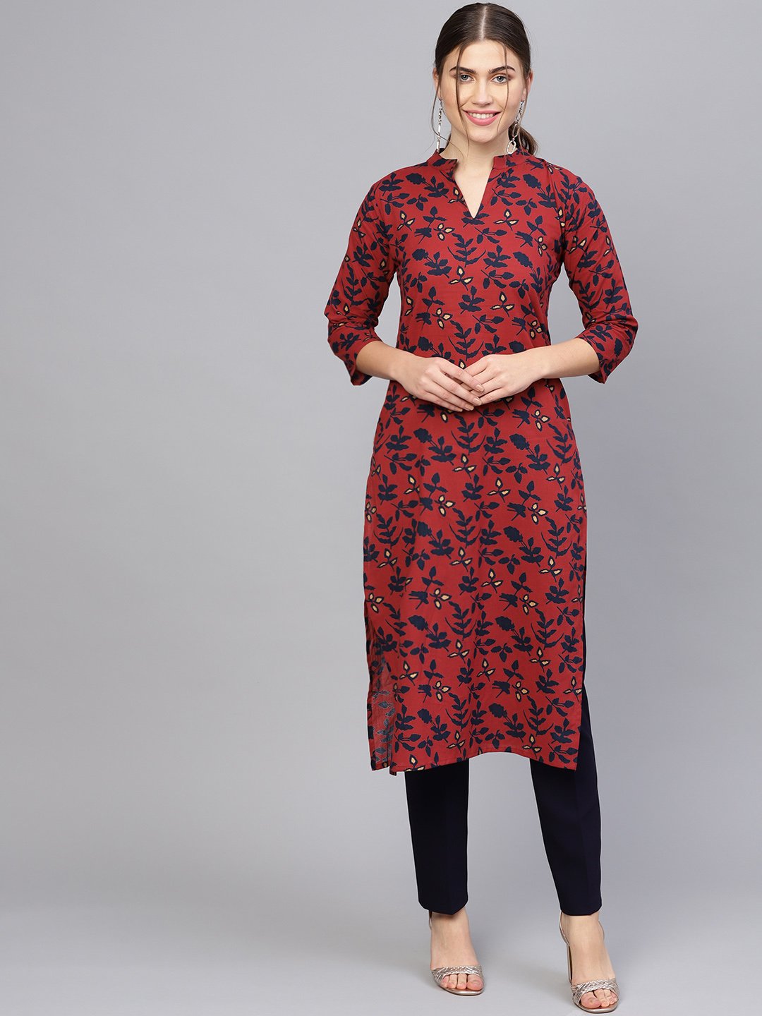 Women's Maroon & Navy Blue Printed Straight Kurta