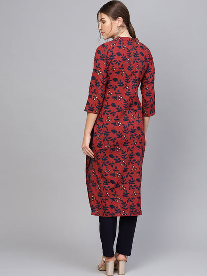 Women's Maroon & Navy Blue Printed Straight Kurta