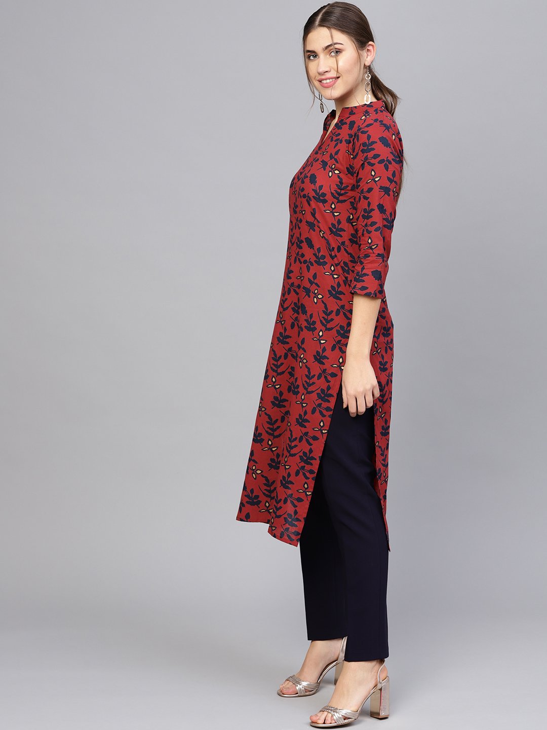 Women's Maroon & Navy Blue Printed Straight Kurta