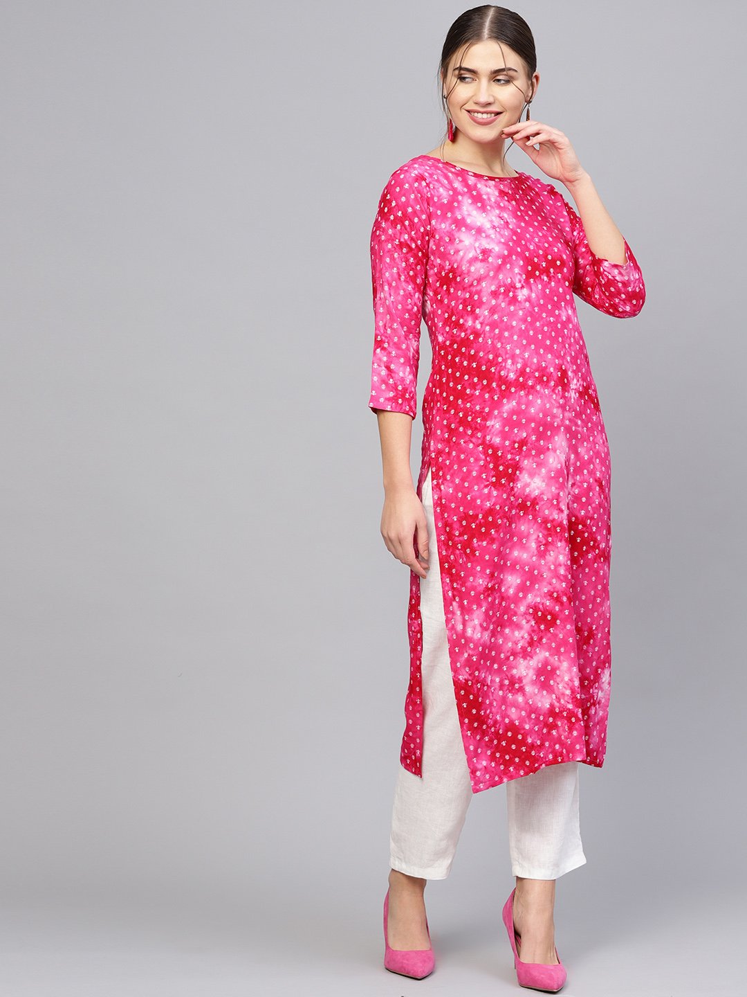 Women's Pink & White Printed Straight Kurta