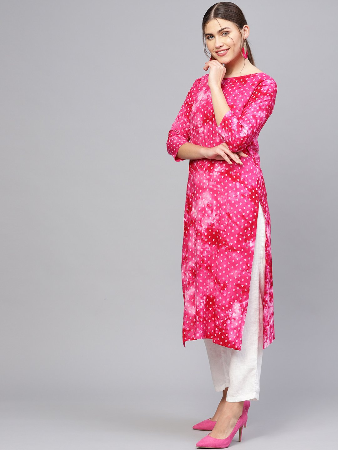 Women's Pink & White Printed Straight Kurta