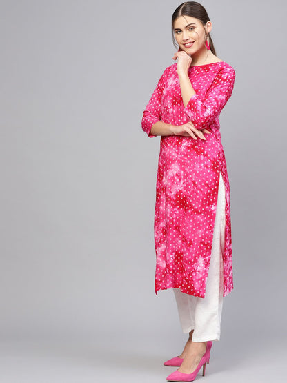 Women's Pink & White Printed Straight Kurta