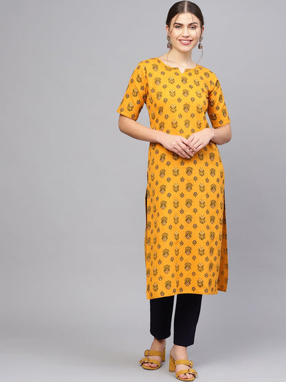 Women's Mustard Yellow & Green Printed Straight Kurta