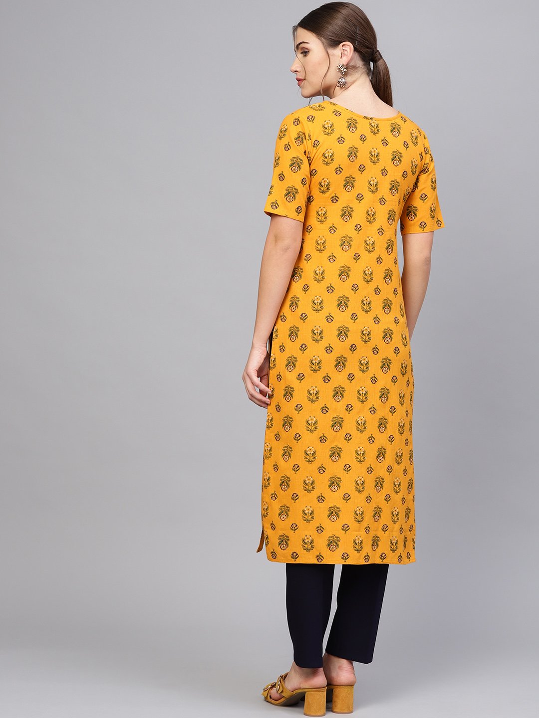 Women's Mustard Yellow & Green Printed Straight Kurta