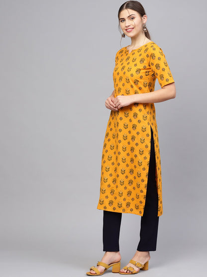Women's Mustard Yellow & Green Printed Straight Kurta