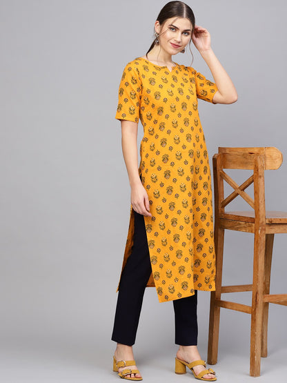 Women's Mustard Yellow & Green Printed Straight Kurta