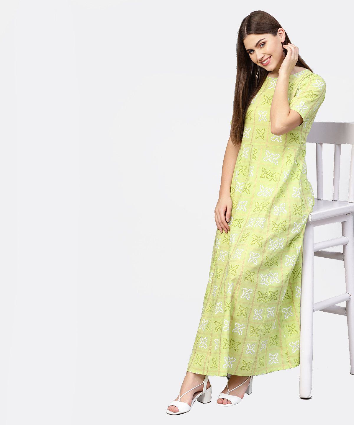 Women's Green & Off-White Bandhani Printed Maxi Dress