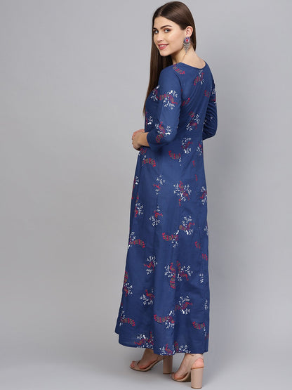 Women's Navy Blue & Pink Printed Maxi Dress