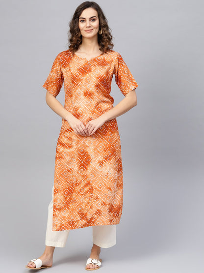 Women's Rust Orange & White Bandhani Printed Straight Kurta