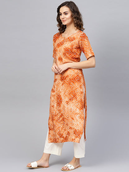 Women's Rust Orange & White Bandhani Printed Straight Kurta