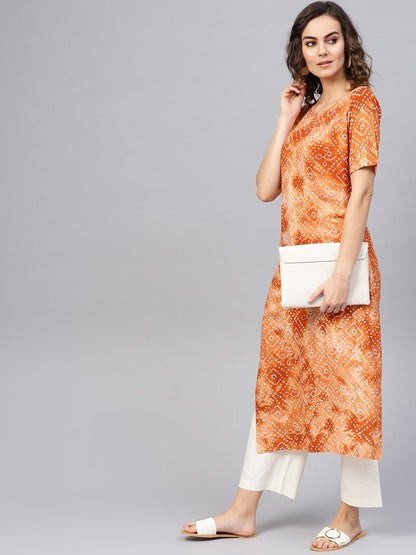 Women's Rust Orange & White Bandhani Printed Straight Kurta