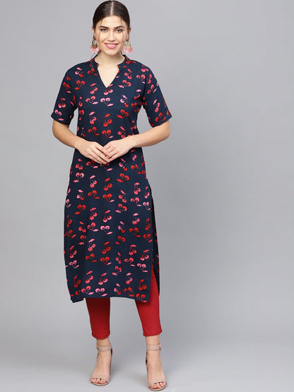 Women's Navy Blue & Pink Printed Straight Kurta