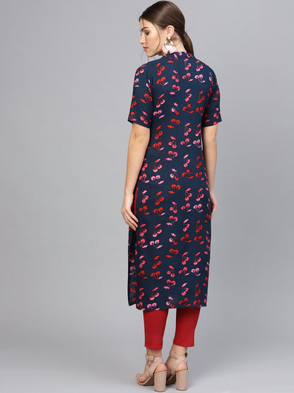 Women's Navy Blue & Pink Printed Straight Kurta
