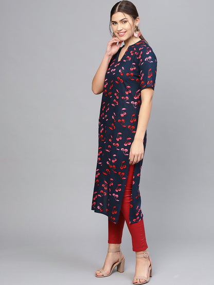 Women's Navy Blue & Pink Printed Straight Kurta