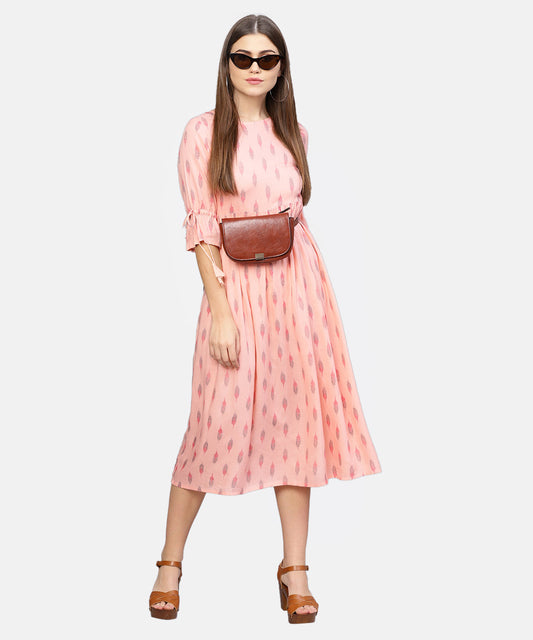Women's Peach-Coloured Printed A-Line  Dress