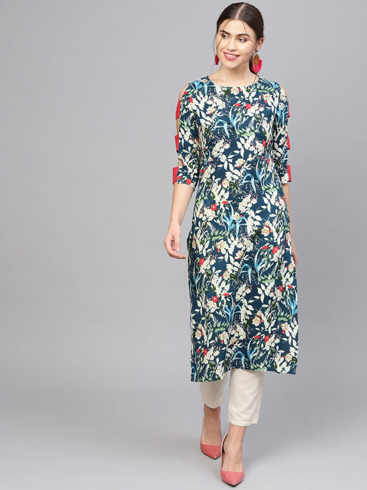 Women's Navy Blue & Green Printed Straight Kurta