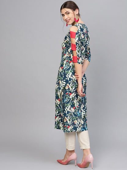 Women's Navy Blue & Green Printed Straight Kurta