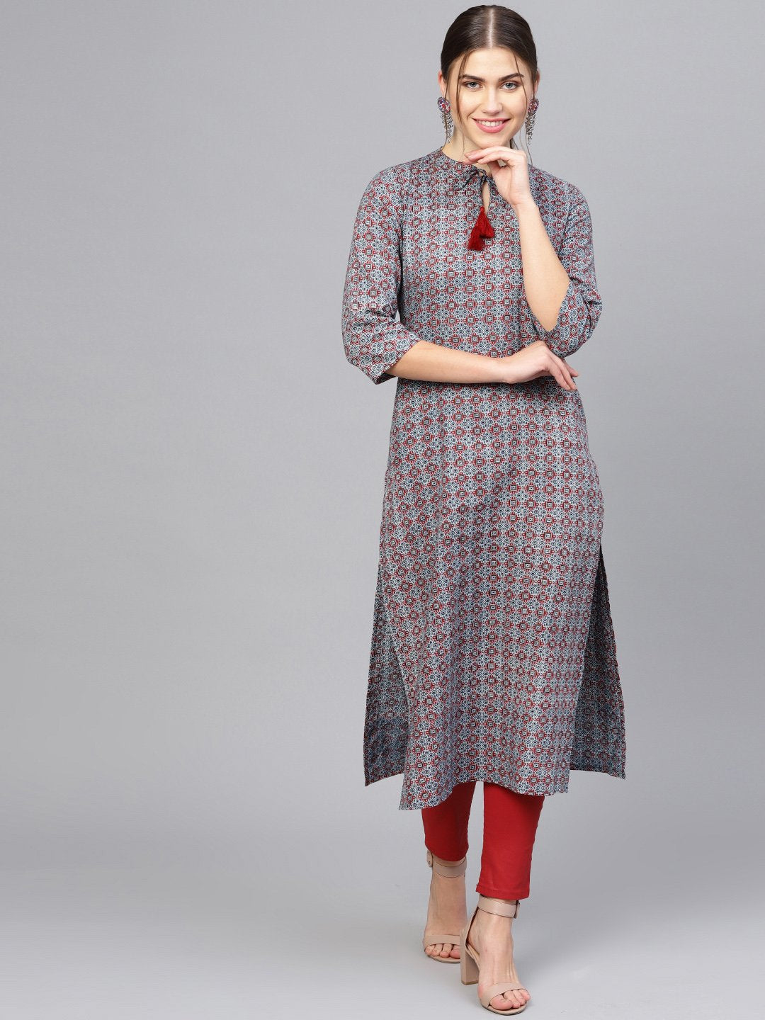 Women's Navy Blue & Maroon Printed Straight Kurta