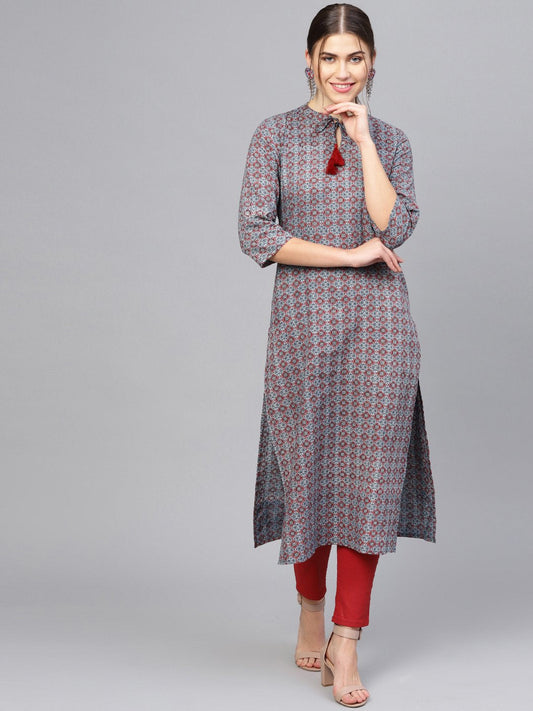 Women's Navy Blue & Maroon Printed Straight Kurta