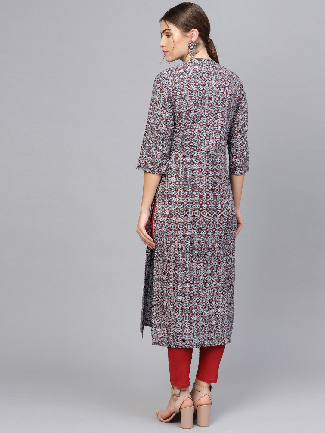 Women's Navy Blue & Maroon Printed Straight Kurta