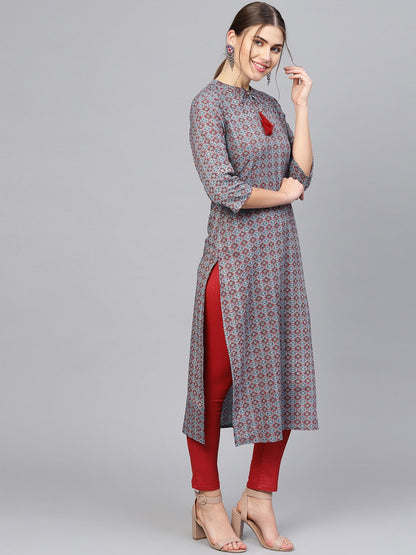 Women's Navy Blue & Maroon Printed Straight Kurta