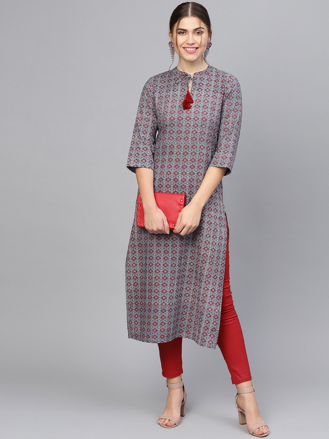 Women's Navy Blue & Maroon Printed Straight Kurta