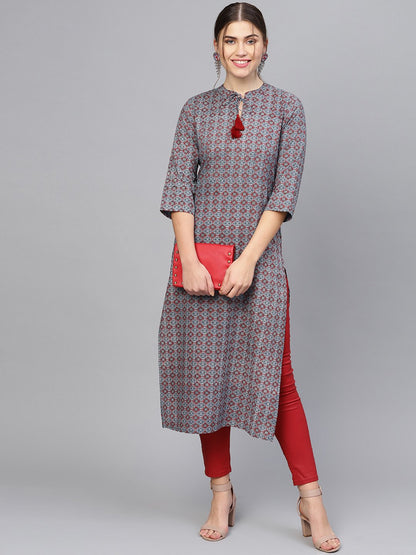 Women's Navy Blue & Maroon Printed Straight Kurta