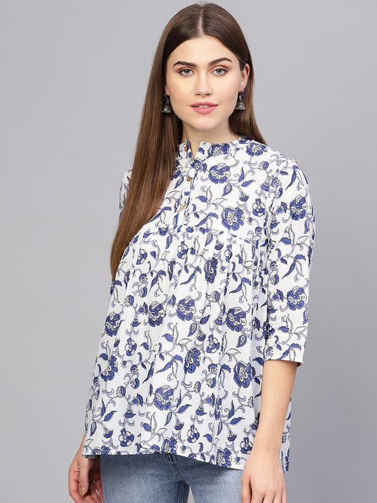 Women's Off-White & Blue Printed A-Line Tunic