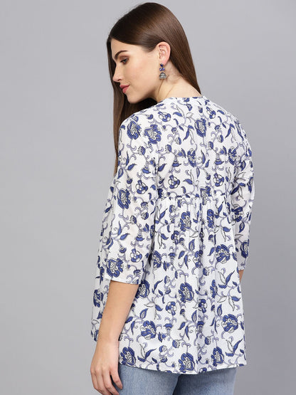 Women's Off-White & Blue Printed A-Line Tunic