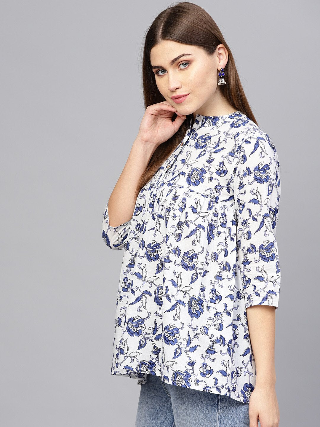 Women's Off-White & Blue Printed A-Line Tunic