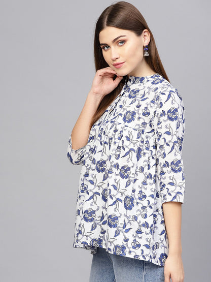 Women's Off-White & Blue Printed A-Line Tunic