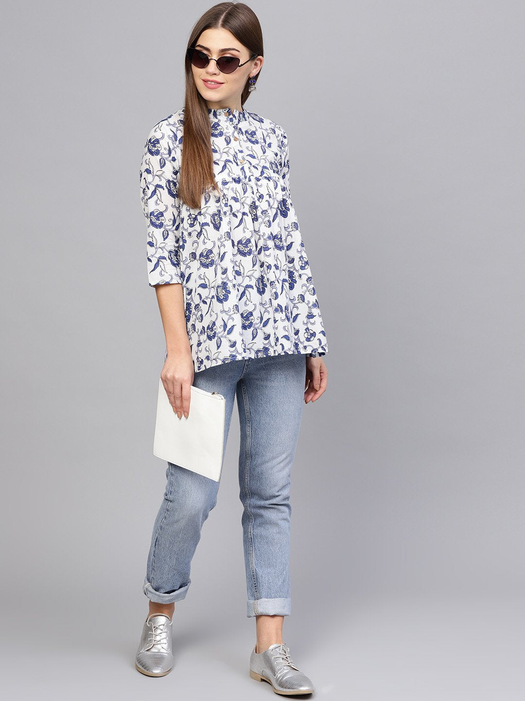 Women's Off-White & Blue Printed A-Line Tunic