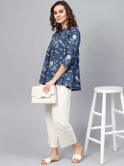 Women's Blue & Off-White Printed Tunic