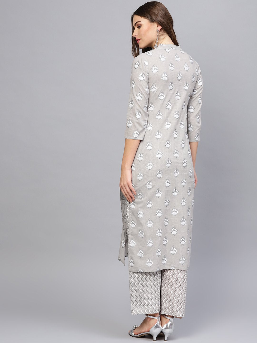 Women's Grey & Off-White Printed Kurta With Trousers