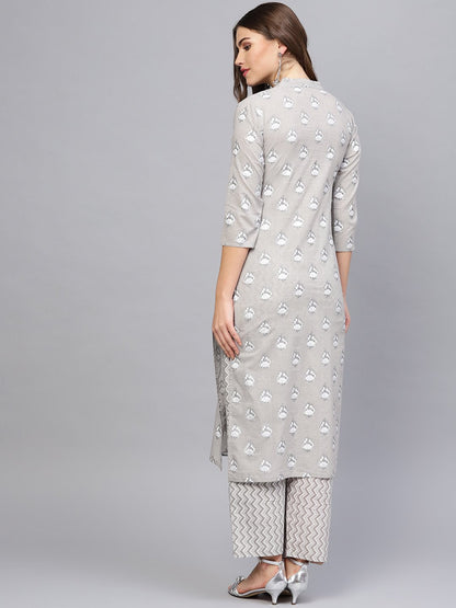 Women's Grey & Off-White Printed Kurta With Trousers